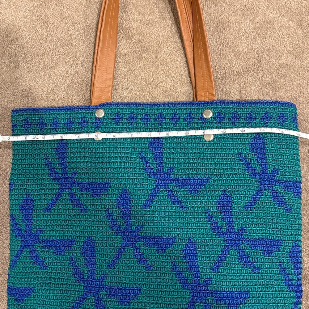 Blue Green Woven Tote Bag | Beach Shoulder Bag Boho Summer Market Purse - Picture 5 of 5